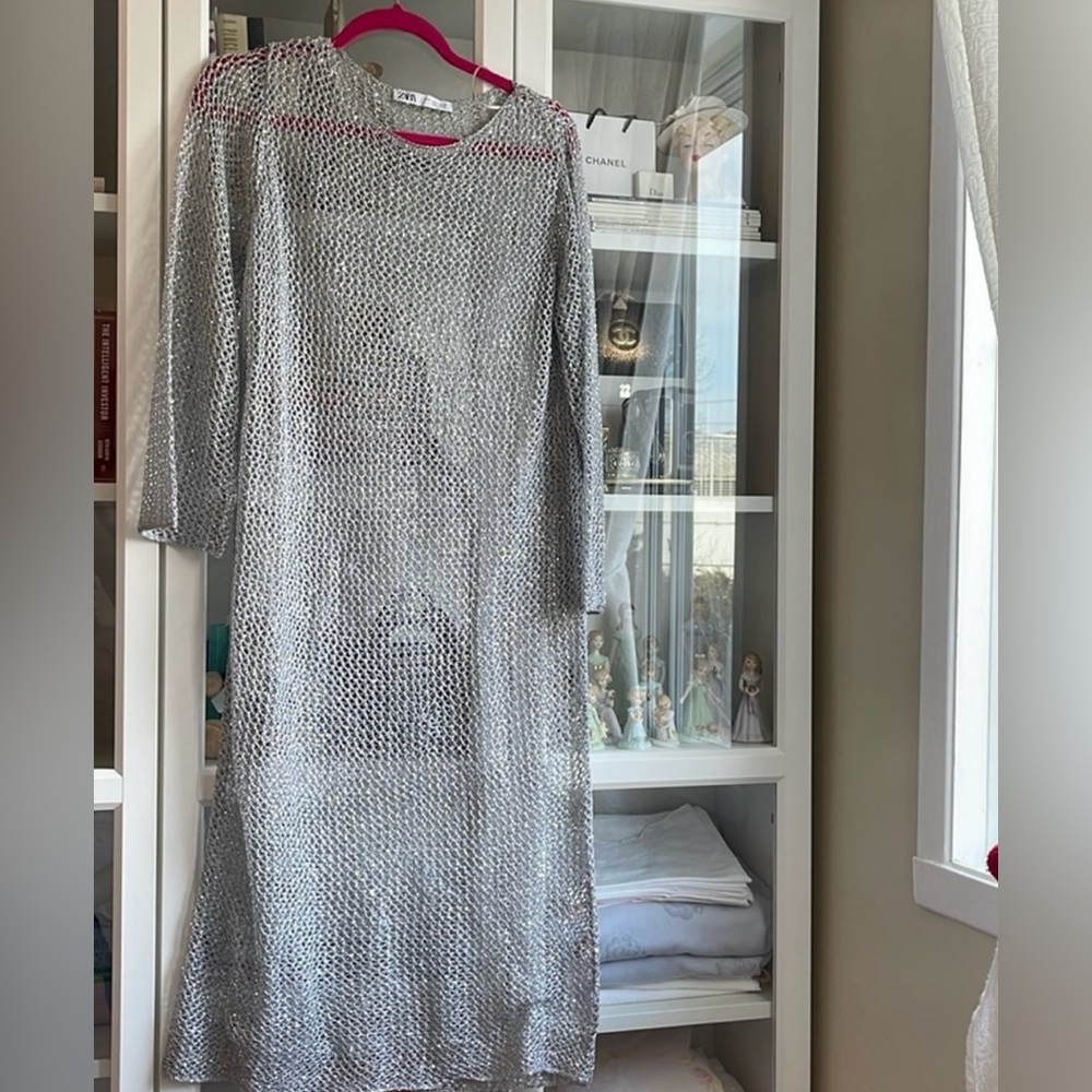 Long Metallic Mesh Dress Silver